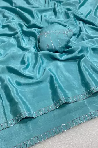 Blue zharkan stone work chinon saree with blouse