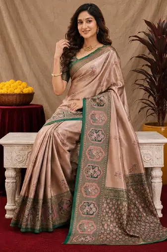 Green gajri art silk blend jacquard motif work saree with unstitched blouse piece
