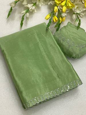 Pista zharkan stone work chinon saree with blouse 1