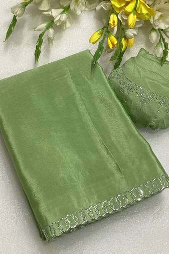 Pista zharkan stone work chinon saree with blouse