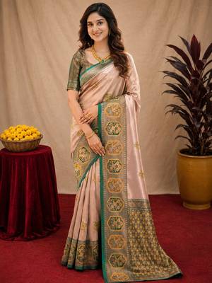 Green gold art silk blend jacquard motif work saree with unstitched blouse piece 1