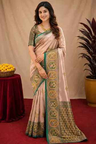 Green gold art silk blend jacquard motif work saree with unstitched blouse piece