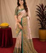 Green gold art silk blend jacquard motif work saree with unstitched blouse piece
