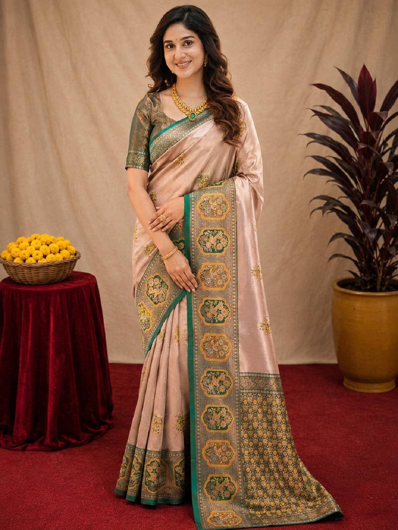 Green gold art silk blend jacquard motif work saree with unstitched blouse piece