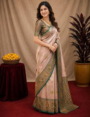 Green gold art silk blend jacquard motif work saree with unstitched blouse piece 2