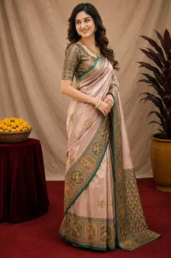 Green gold art silk blend jacquard motif work saree with unstitched blouse piece