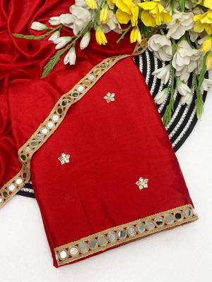 Red mirror & embroidery work chinon saree with blouse 1
