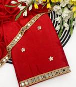 Red mirror & embroidery work chinon saree with blouse