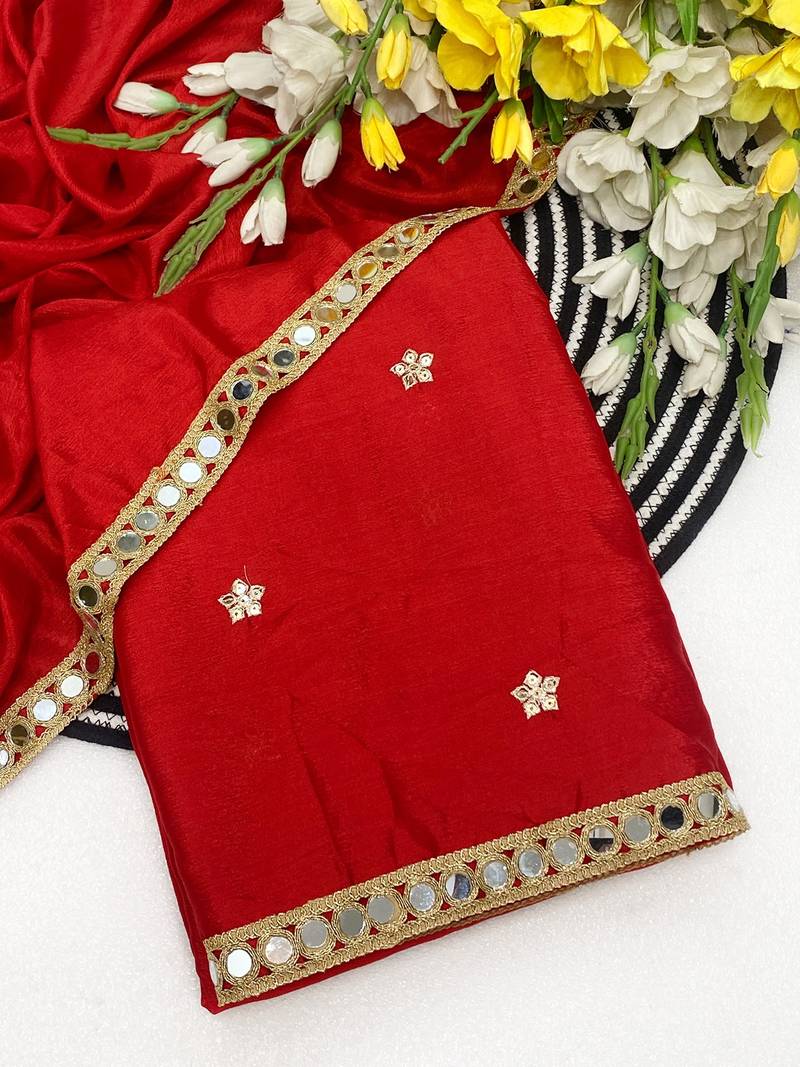 Red mirror & embroidery work chinon saree with blouse