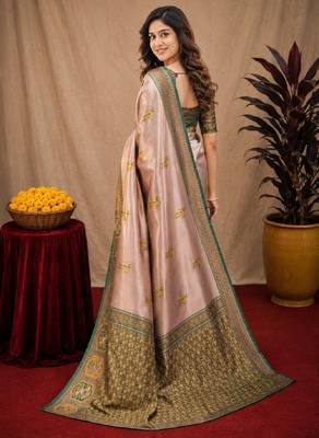 Green gold art silk blend jacquard motif work saree with unstitched blouse piece 3