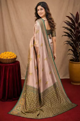 Green gold art silk blend jacquard motif work saree with unstitched blouse piece