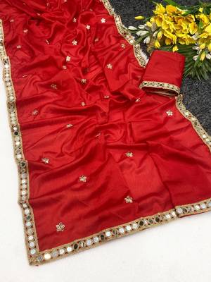 Red mirror & embroidery work chinon saree with blouse 2