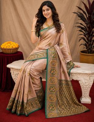 Green gold art silk blend jacquard motif work saree with unstitched blouse piece 4