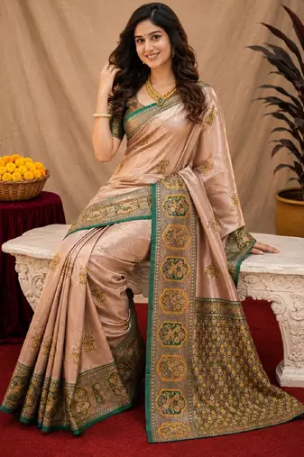Green gold art silk blend jacquard motif work saree with unstitched blouse piece