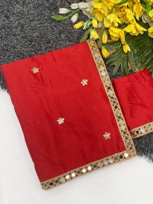 Red mirror & embroidery work chinon saree with blouse 3