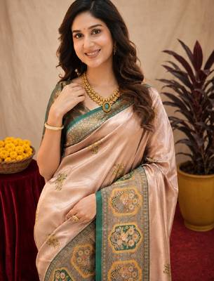 Green gold art silk blend jacquard motif work saree with unstitched blouse piece 5