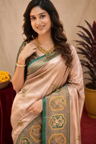 Green gold art silk blend jacquard motif work saree with unstitched blouse piece