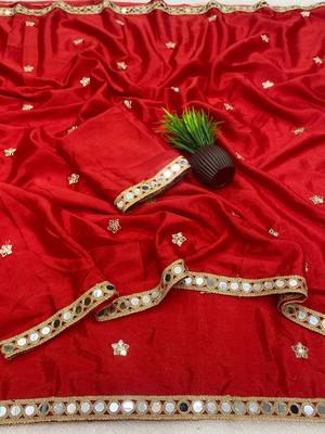 Red mirror & embroidery work chinon saree with blouse 4