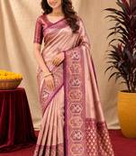 Wine beige art silk blend jacquard motif work saree with unstitched blouse piece