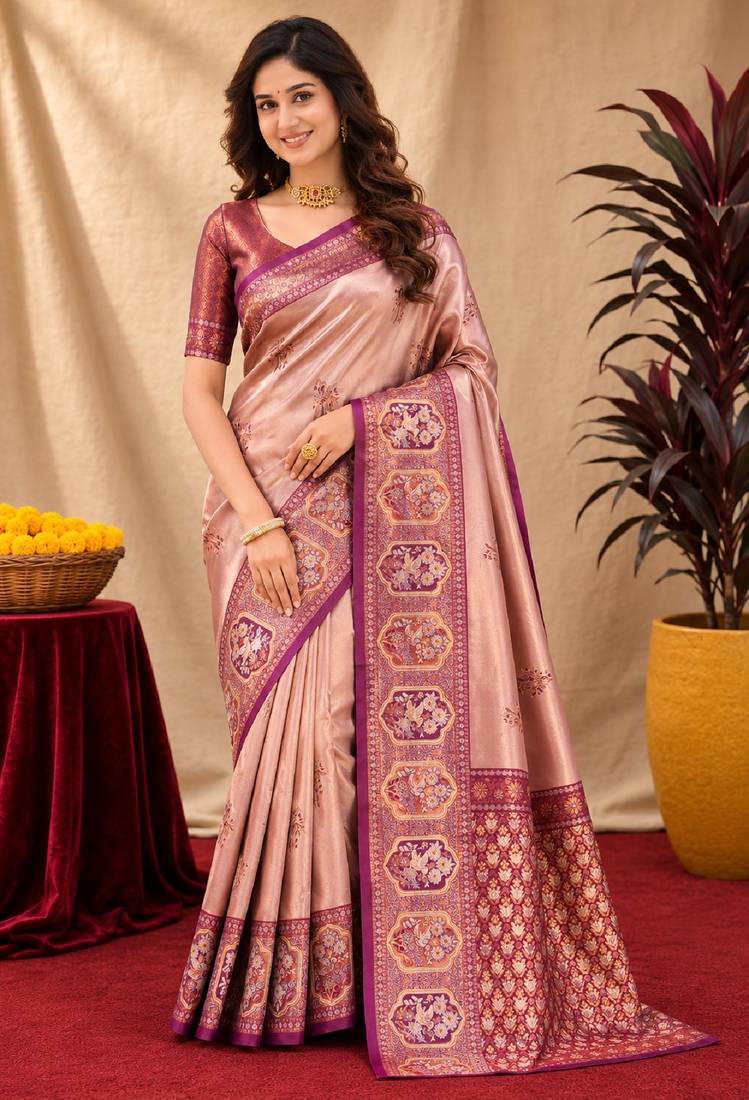 Wine beige art silk blend jacquard motif work saree with unstitched blouse piece