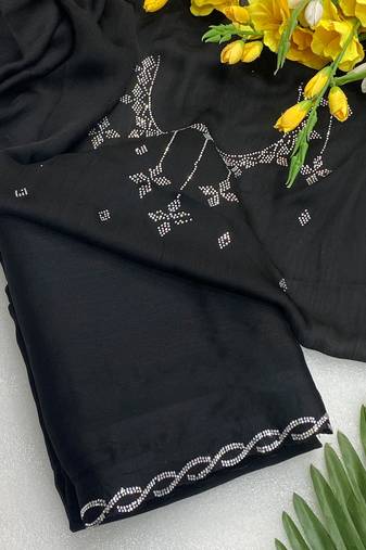 Black zharkan stone work chiffon saree with blouse