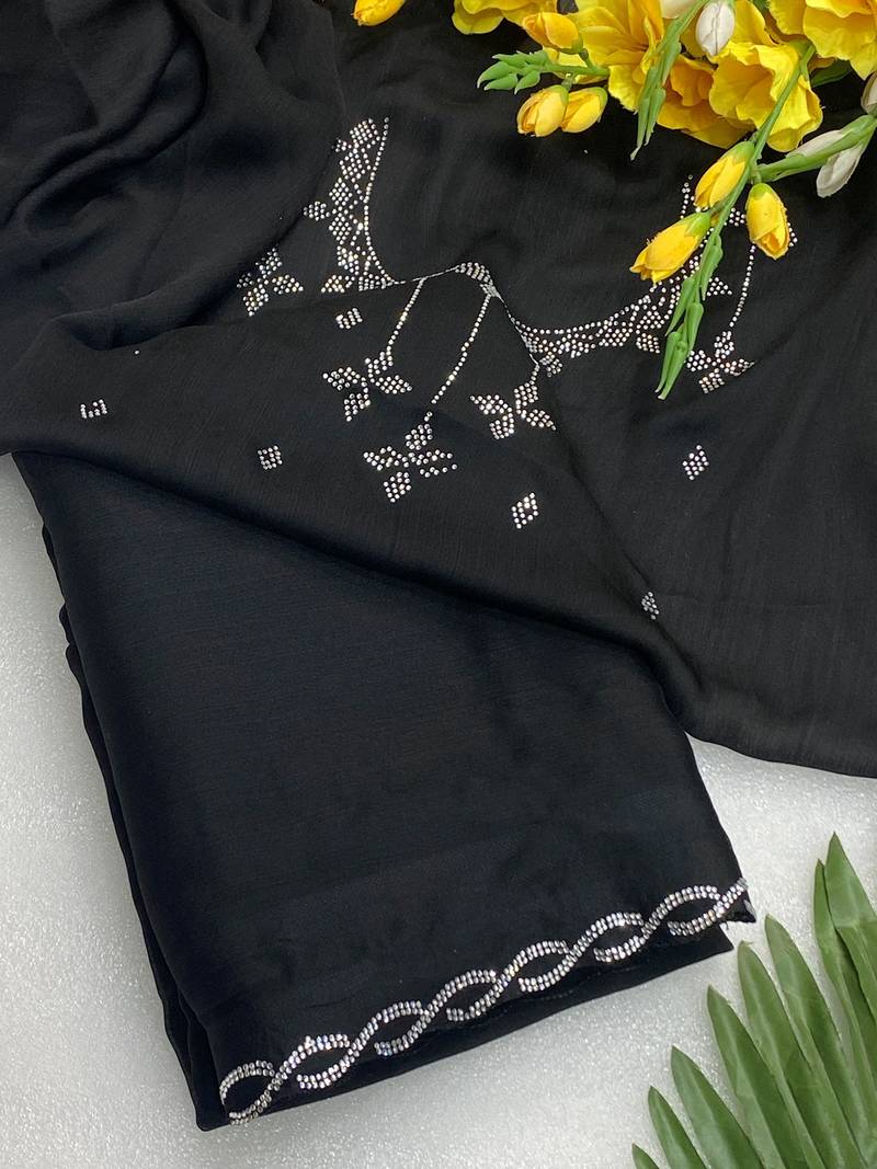 Black zharkan stone work chiffon saree with blouse