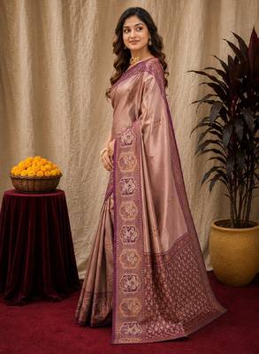 Wine beige art silk blend jacquard motif work saree with unstitched blouse piece 2