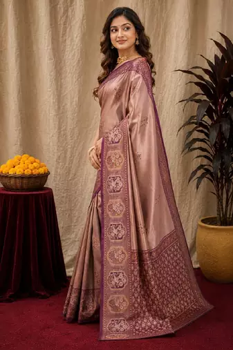 Wine beige art silk blend jacquard motif work saree with unstitched blouse piece
