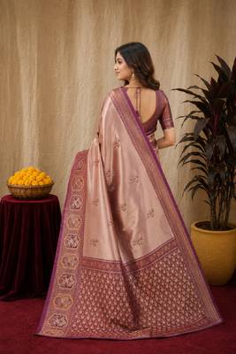 Wine beige art silk blend jacquard motif work saree with unstitched blouse piece 3