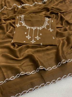 Mustard zharkan stone work chiffon saree with blouse 1