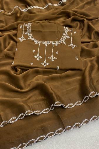 Mustard zharkan stone work chiffon saree with blouse