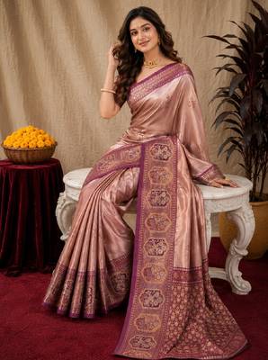 Wine beige art silk blend jacquard motif work saree with unstitched blouse piece 4