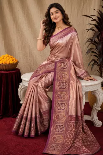 Wine beige art silk blend jacquard motif work saree with unstitched blouse piece