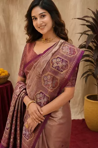 Wine beige art silk blend jacquard motif work saree with unstitched blouse piece