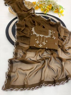 Mustard zharkan stone work chiffon saree with blouse 3