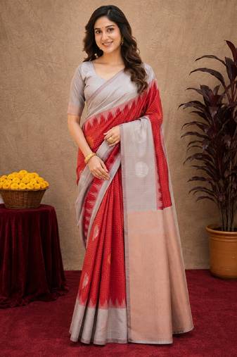 Grey red art silk blend jacquard motif work saree with unstitched blouse piece