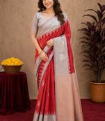 Grey red art silk blend jacquard motif work saree with unstitched blouse piece