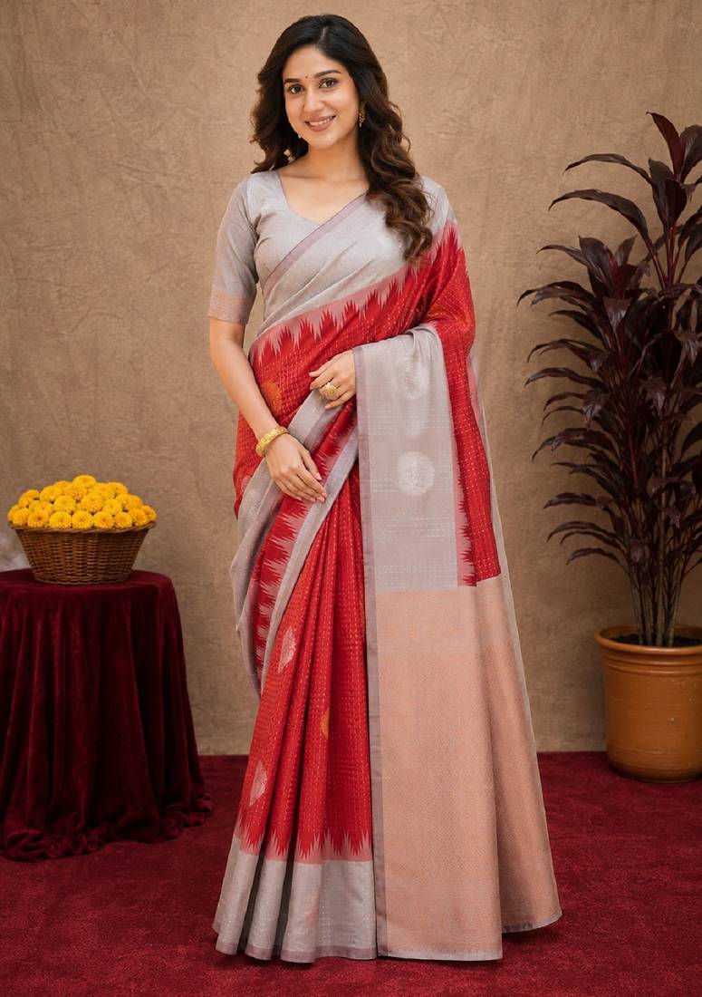 Grey red art silk blend jacquard motif work saree with unstitched blouse piece