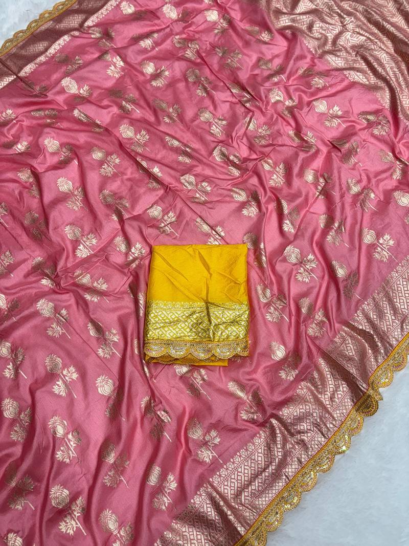 Gajari hand dying & embroidery lace dola silk blend saree with blouse
