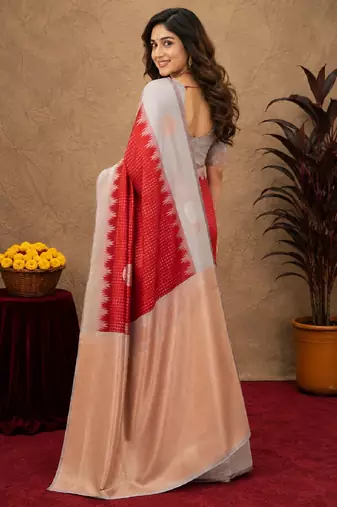 Grey red art silk blend jacquard motif work saree with unstitched blouse piece