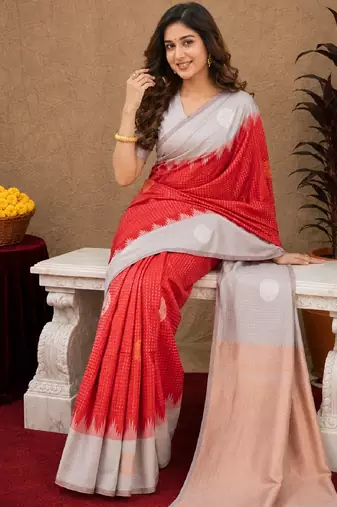 Grey red art silk blend jacquard motif work saree with unstitched blouse piece