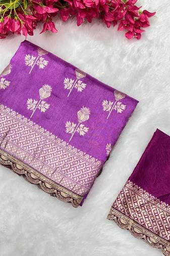 Lavender hand dying & embroidery lace dola silk blend saree with blouse