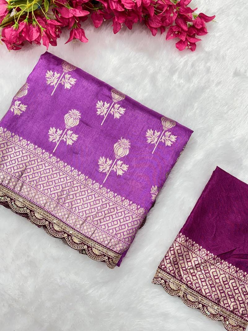 Lavender hand dying & embroidery lace dola silk blend saree with blouse
