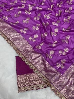 Lavender hand dying & embroidery lace dola silk blend saree with blouse 2