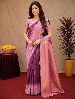 Purple wine art silk blend jacquard motif work saree with unstitched blouse piece 1