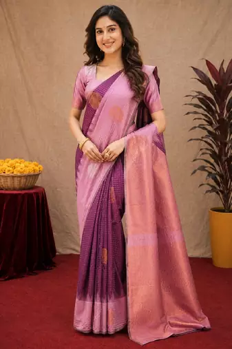 Purple wine art silk blend jacquard motif work saree with unstitched blouse piece