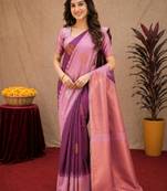 Purple wine art silk blend jacquard motif work saree with unstitched blouse piece