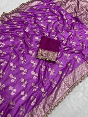 Lavender hand dying & embroidery lace dola silk blend saree with blouse 3