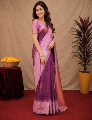 Purple wine art silk blend jacquard motif work saree with unstitched blouse piece 2