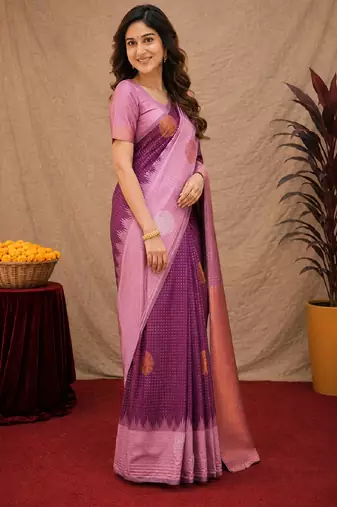 Purple wine art silk blend jacquard motif work saree with unstitched blouse piece